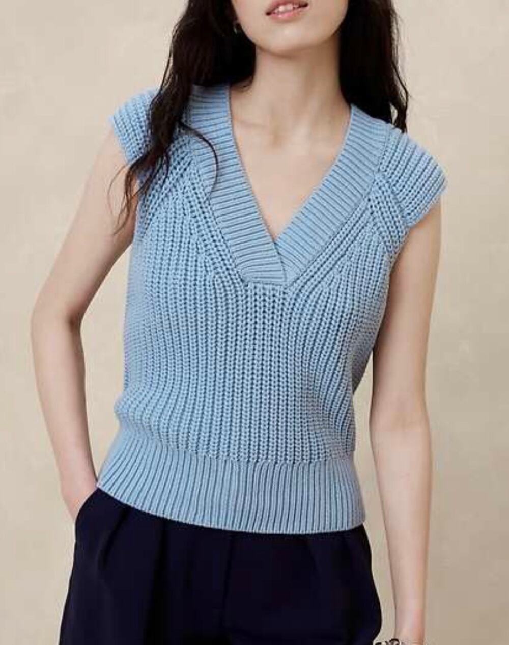Banana Republic Textured Cross-V Sweater Vest Blue Cotton Blend Cap Sleeve She